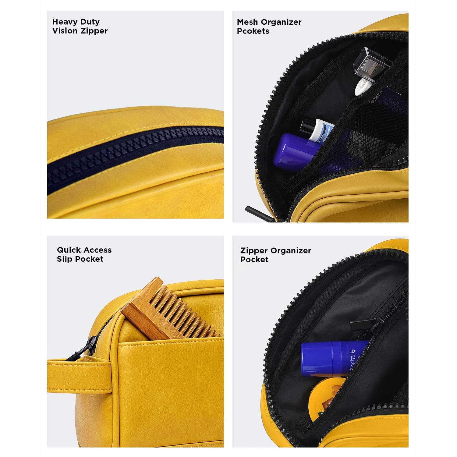 Close-up of The Swift Mustard Toiletry Kit, showcasing heavy-duty zippers, mesh pockets, and quick-access slip pocket for organization.