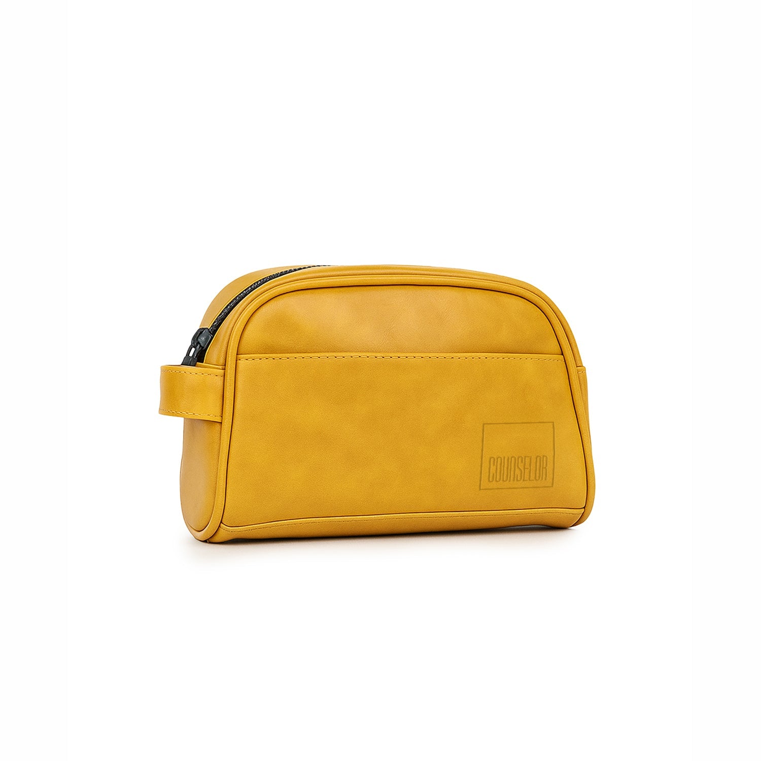 Chic mustard toiletry bag made from vegan leather, featuring a zippered closure and convenient side handle.