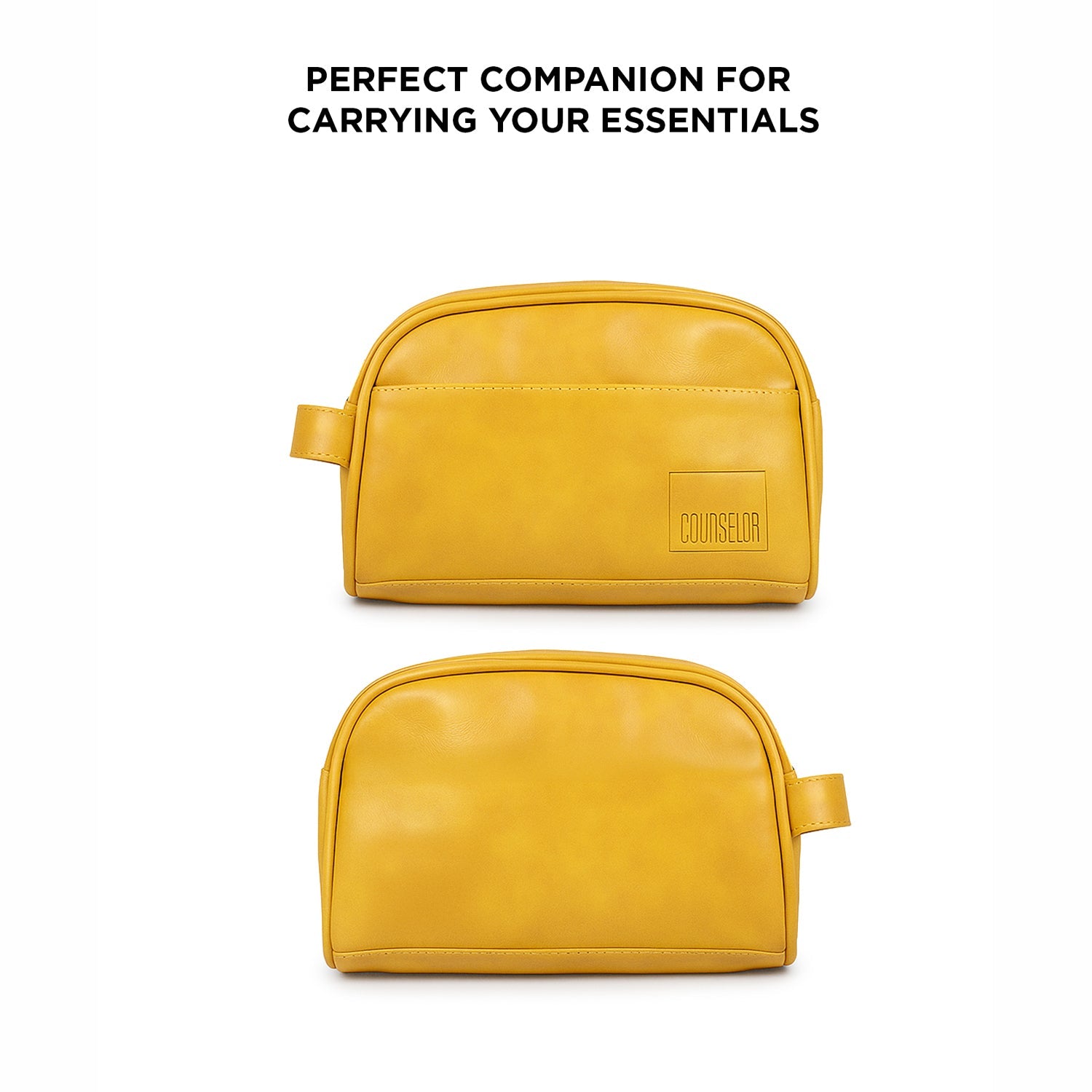 Chic mustard toiletry kit showcasing a sleek vegan leather exterior, ideal for organizing travel essentials.