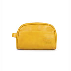 Chic mustard toiletry kit made of vegan leather with spacious pockets for organized travel essentials.