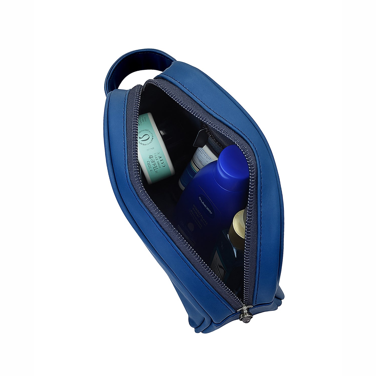 Open navy toiletry kit showcasing organized grooming essentials inside.