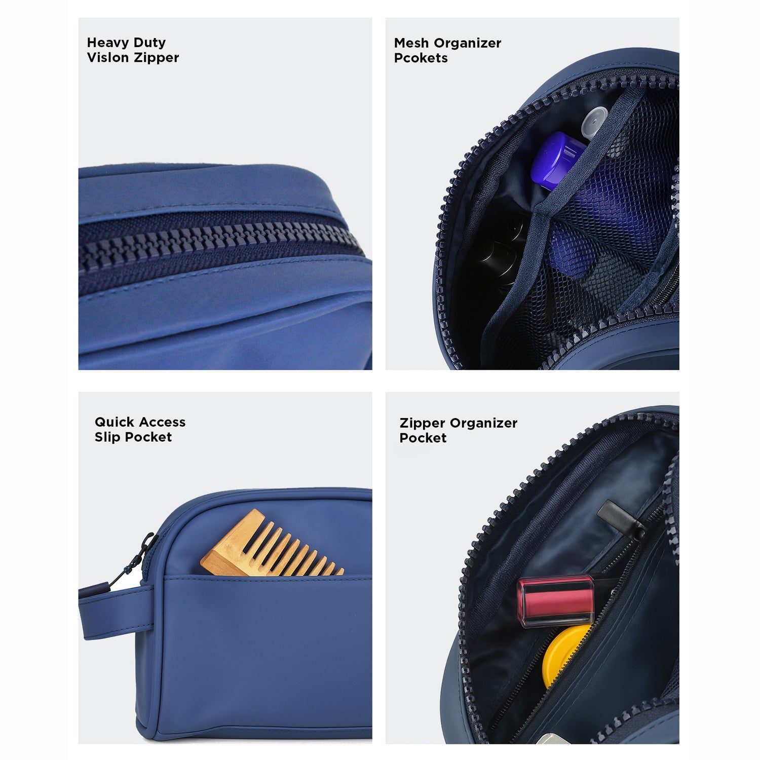 Collage of The Swift Navy Toiletry Kit highlighting heavy-duty zippers, mesh pockets, and various organizer compartments.