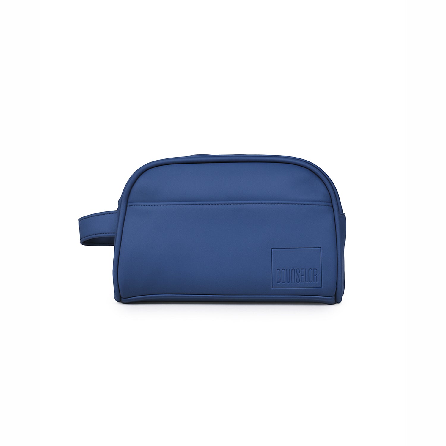 The Swift Toiletry Kit in navy, crafted from vegan leather with a spacious design for travel essentials.