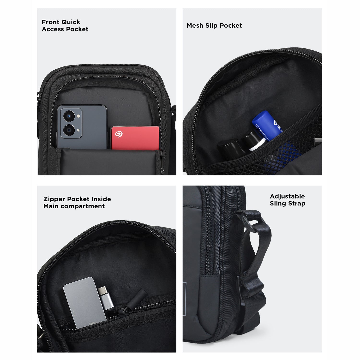 Interior pockets and adjustable strap of the Luno Black Sling for organized storage and comfortable wear.
