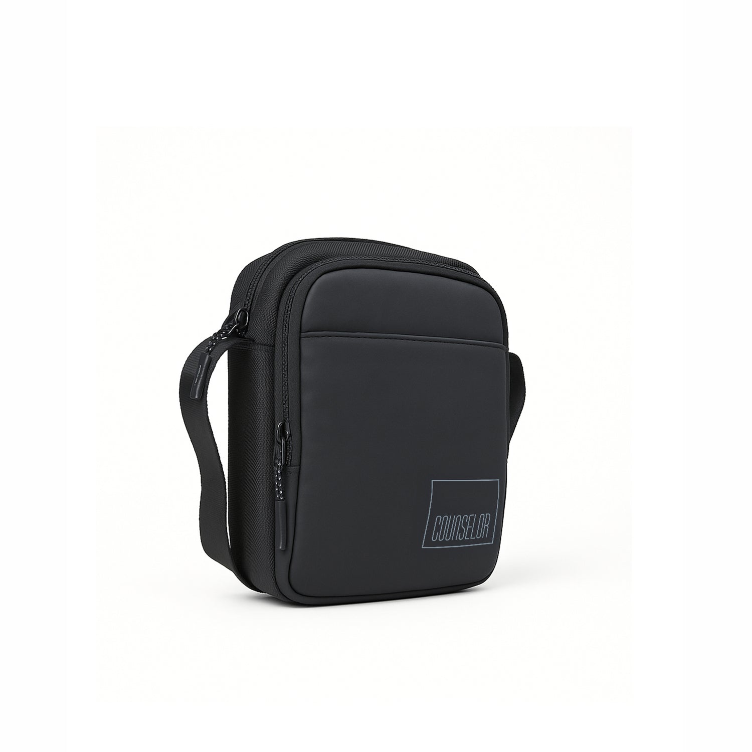 The Luno black bag featuring a sleek design, adjustable shoulder strap, and zippered compartments for organized storage.