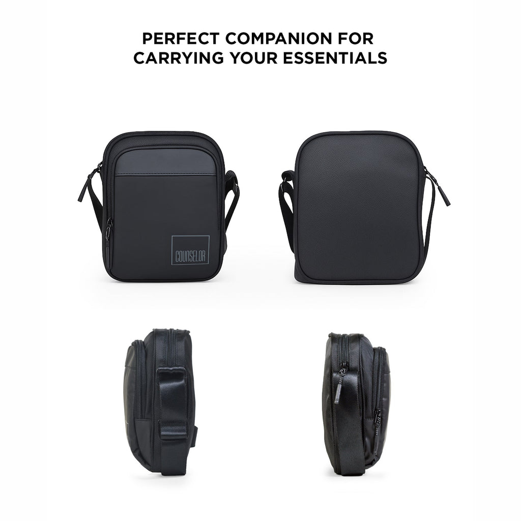 Stylish black bag with adjustable strap, multiple compartments for essentials, suitable for daily use.