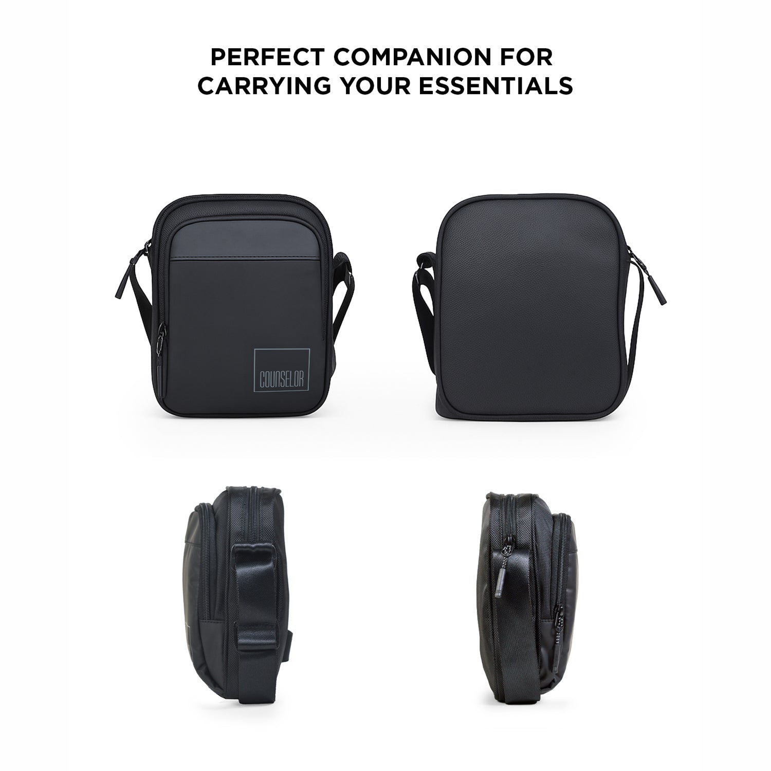 Stylish black bag with adjustable strap, multiple compartments for essentials, suitable for daily use.