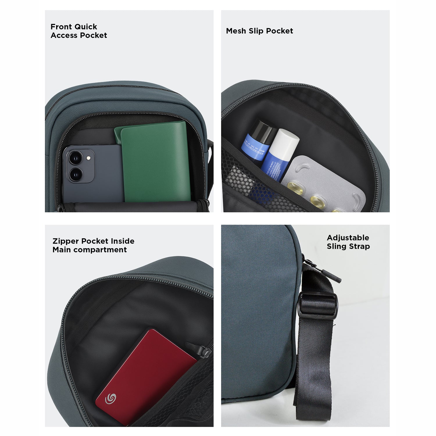 Interior pockets and adjustable strap of The Luno Grey bag for smart organization and comfortable wear.