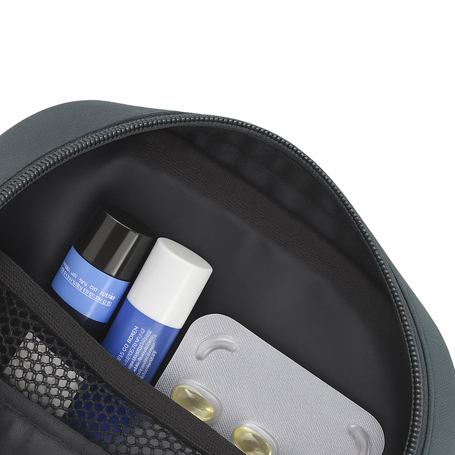 Interior view of Luno Grey bag showing organized toiletries and personal care items, highlighting smart storage features.