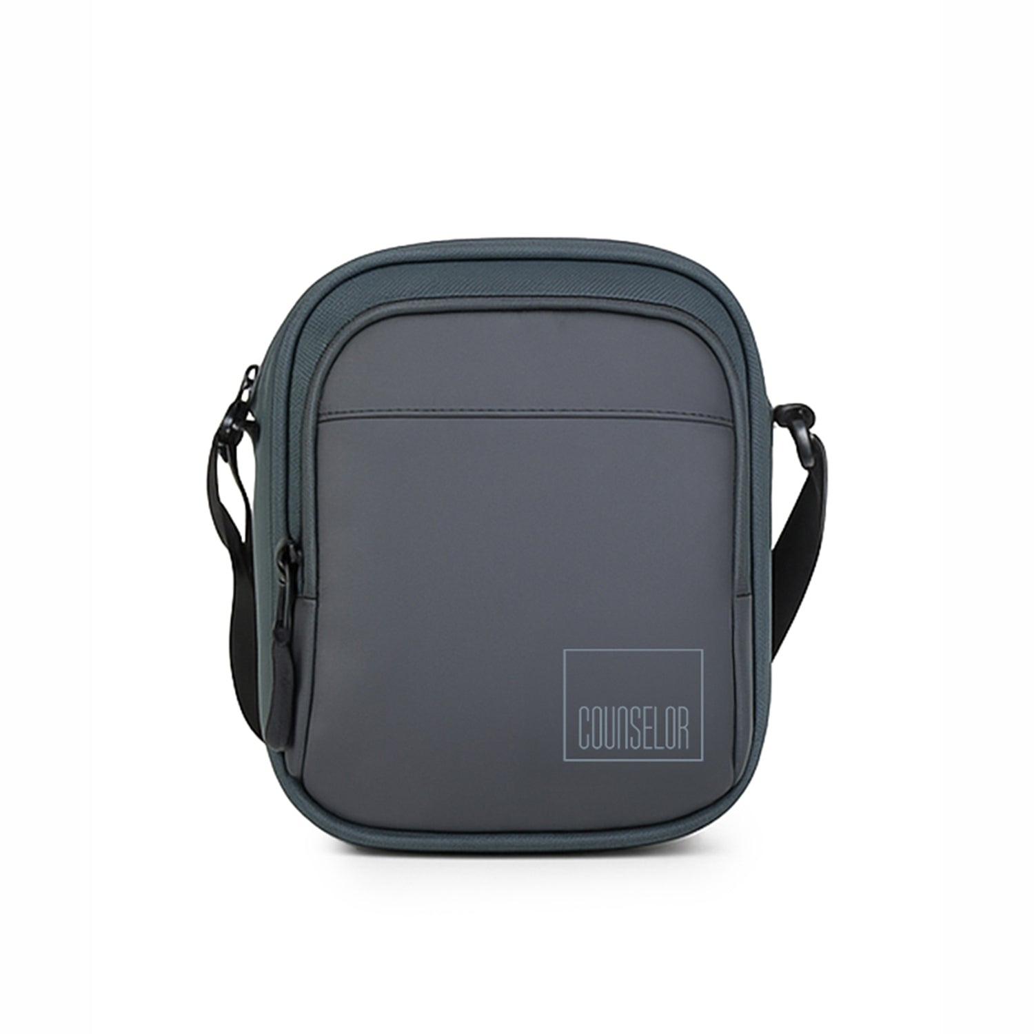 Stylish grey crossbody bag with adjustable strap and smooth zippered pockets for organization.