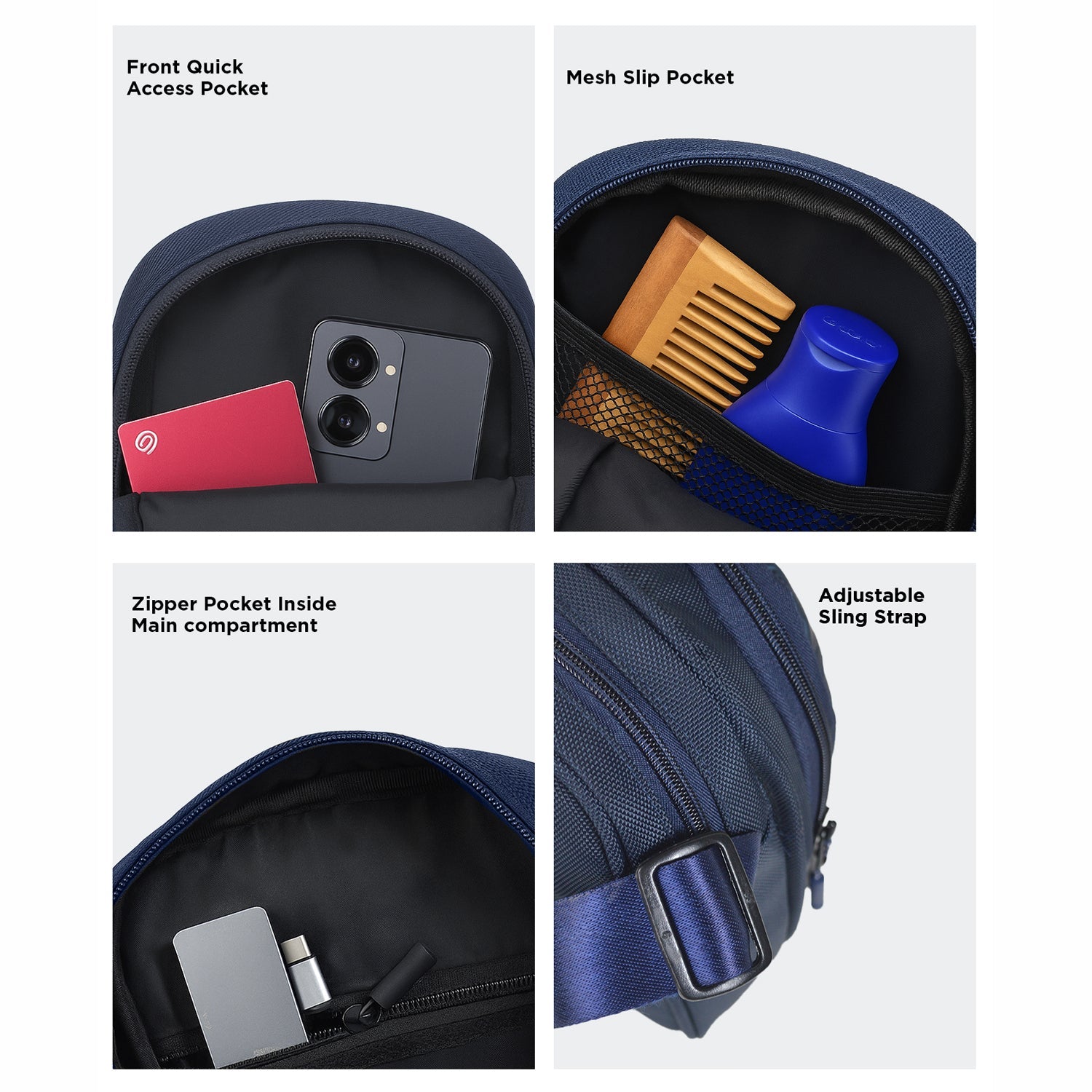 Interior pockets and adjustable strap of the Luno Side Navy Blue Sling for stylish organization and comfort.
