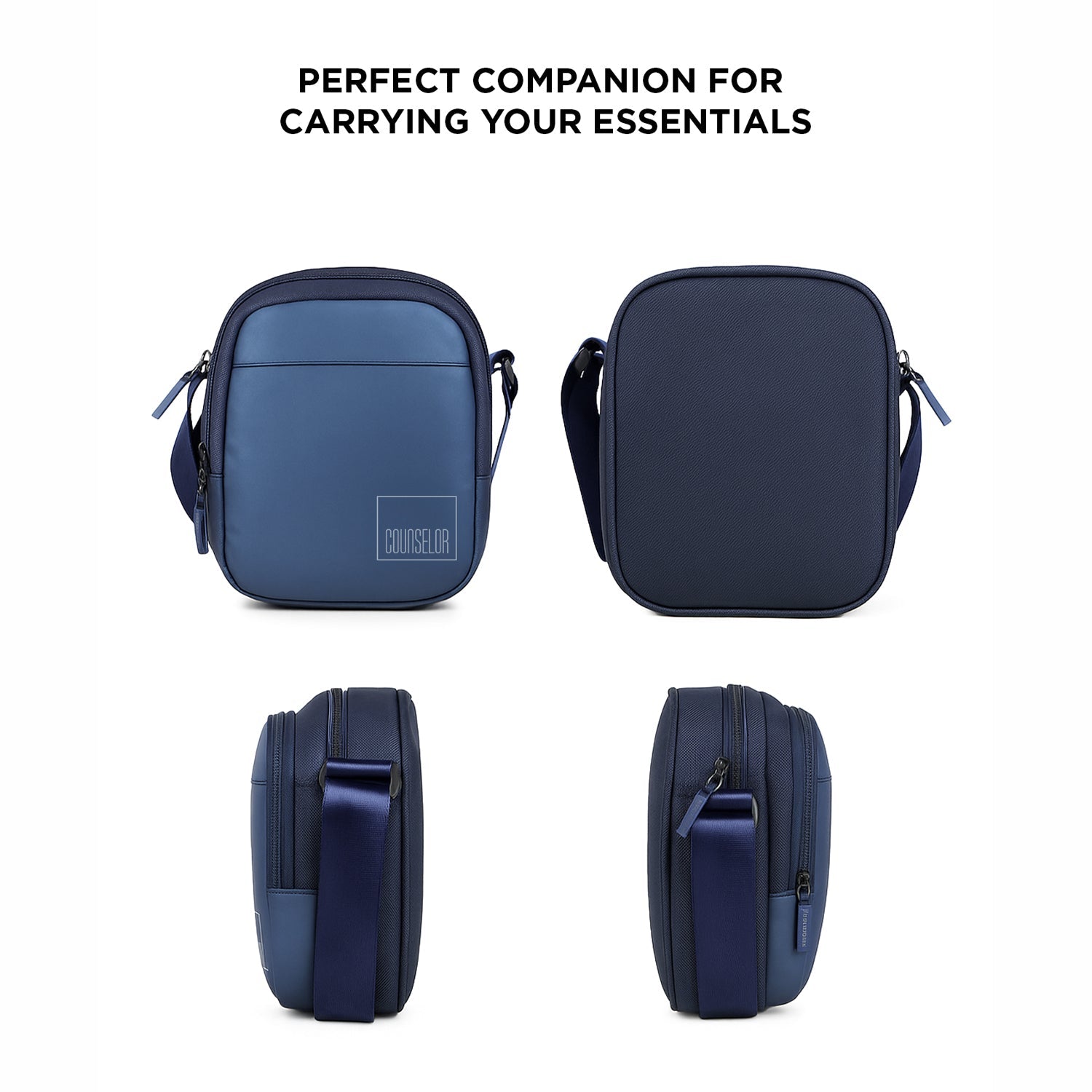 The Luno Navy Sling Bag showcases a stylish design, perfect for carrying essentials with comfort and organization.