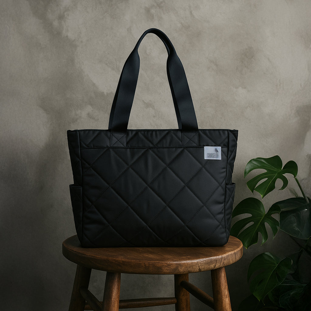 THE AURA - BLACK  QUILTED TOTE BAG