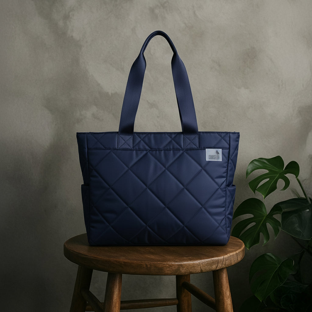 THE AURA - NAVY  QUILTED TOTE BAG