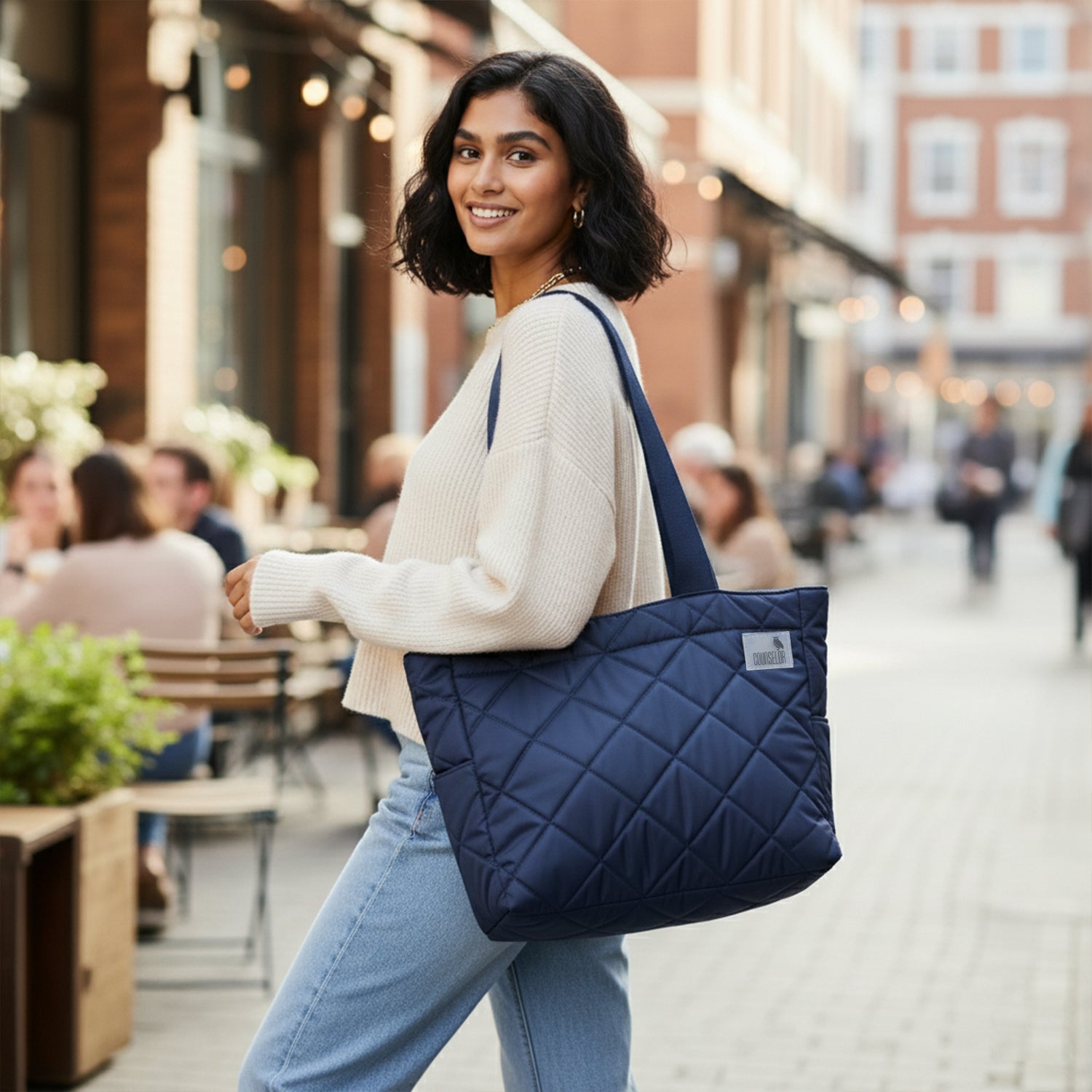THE AURA - NAVY  QUILTED TOTE BAG