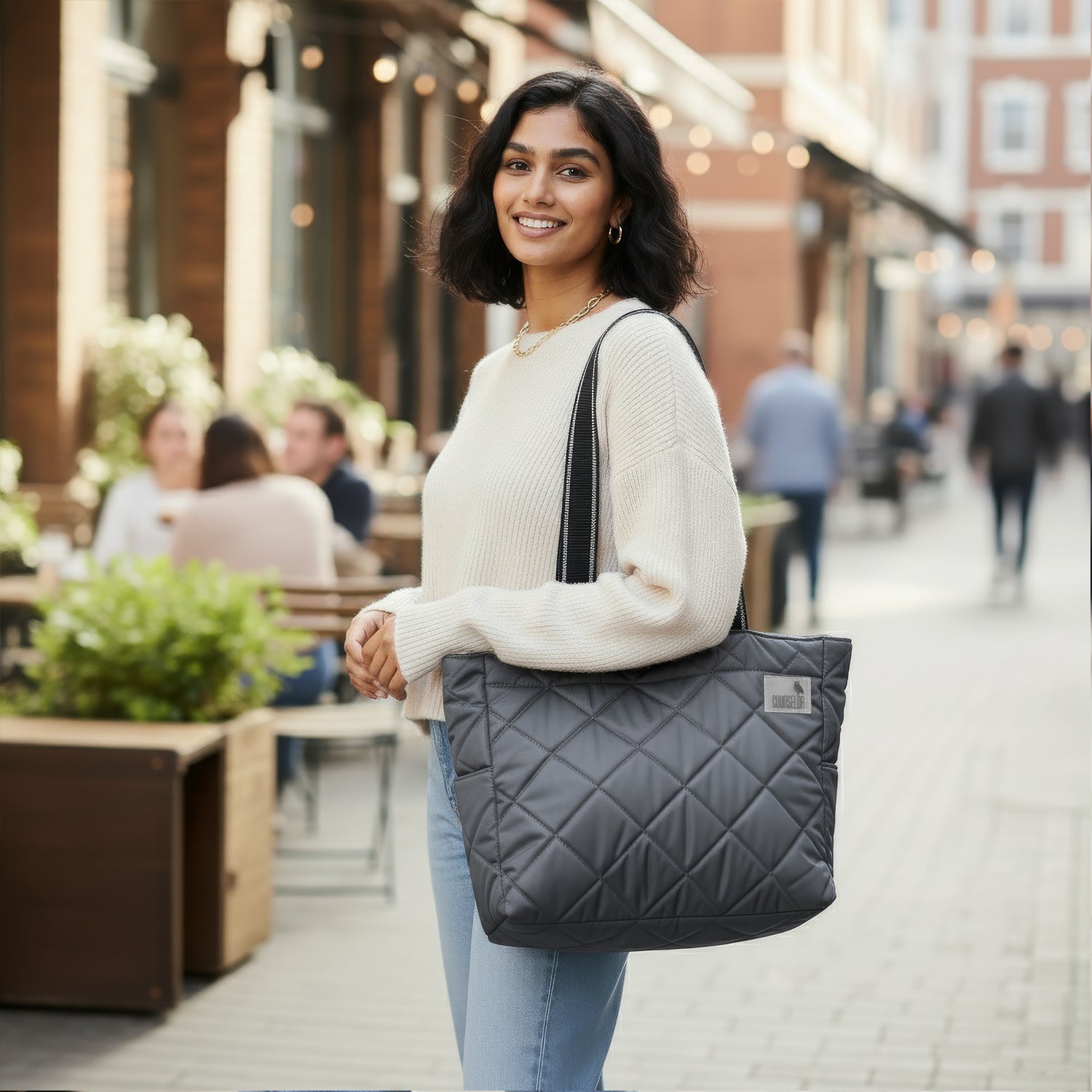 THE AURA - GREY QUILTED TOTE BAG