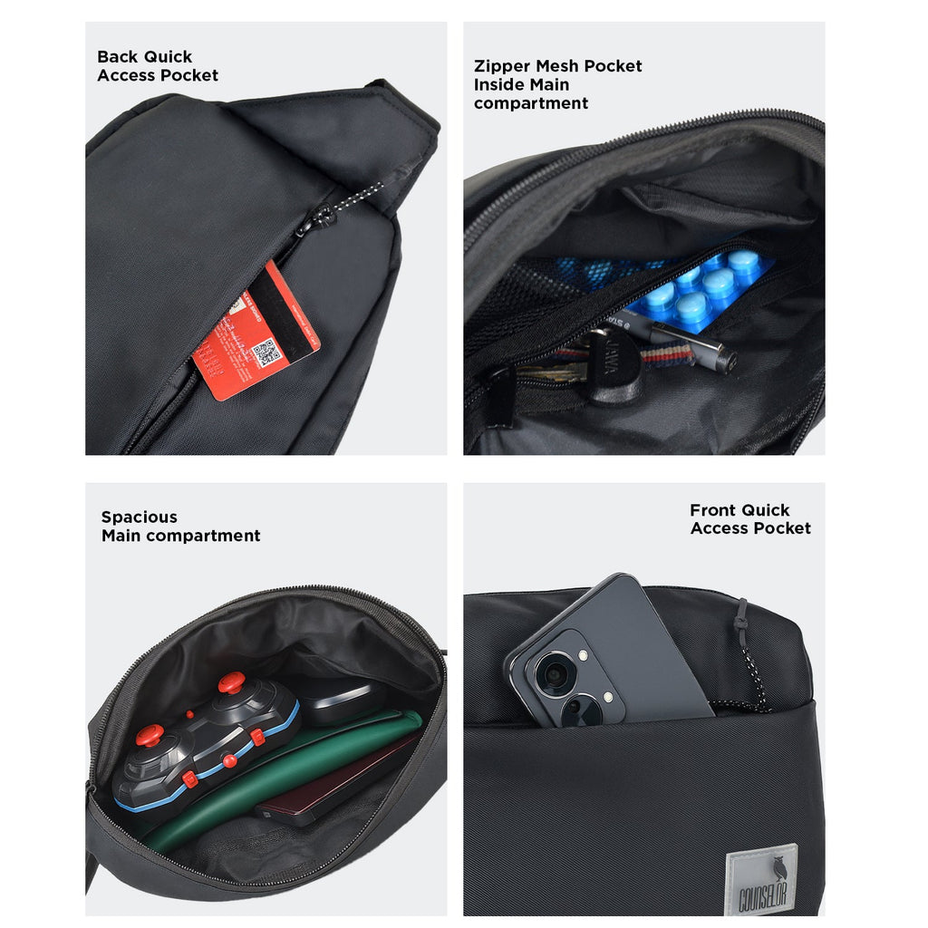 The Avelin waistpack showcasing its spacious main compartment and quick-access pockets for efficient organization.