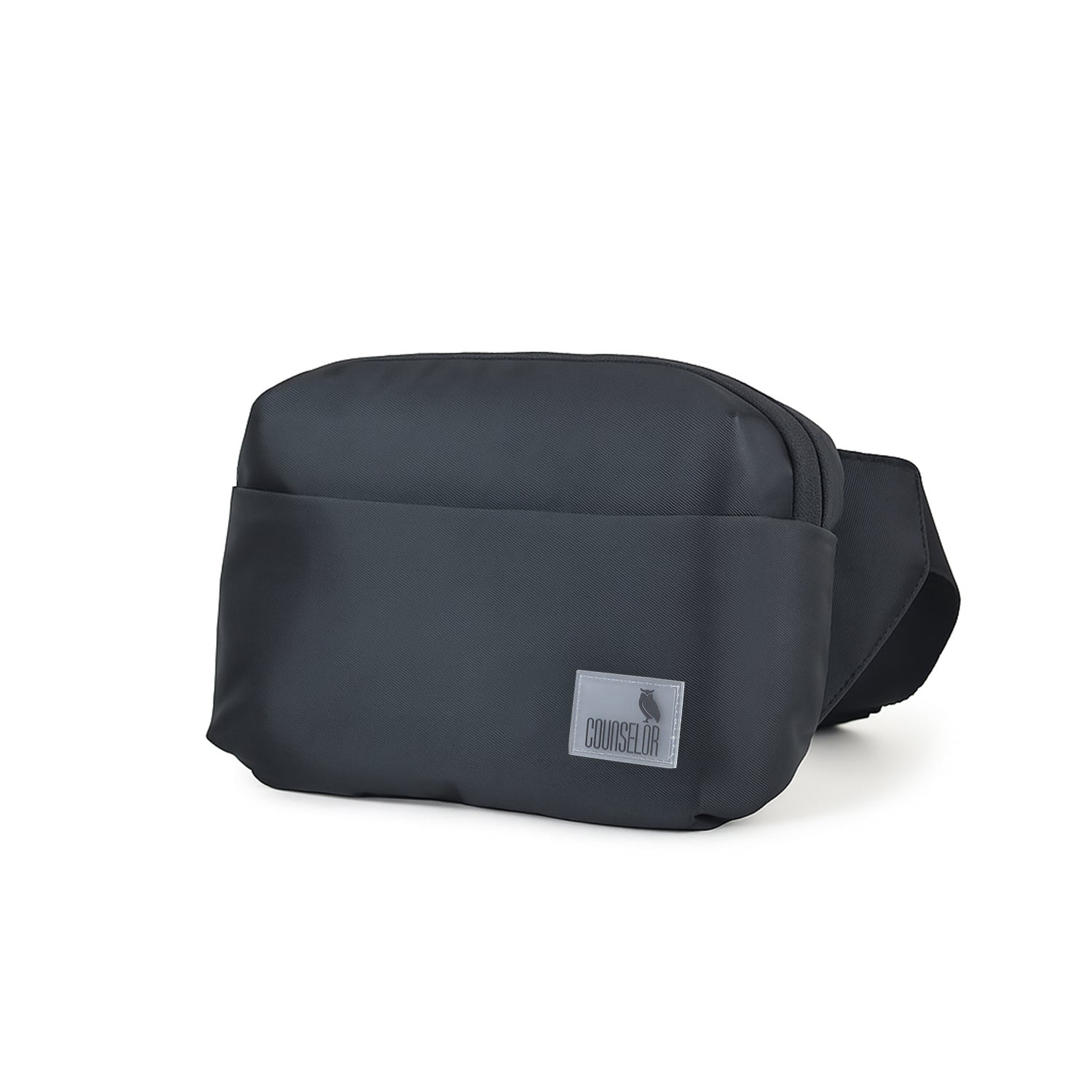 The Avelin black waistpack featuring a minimalist design with a front pocket for easy access to essentials.