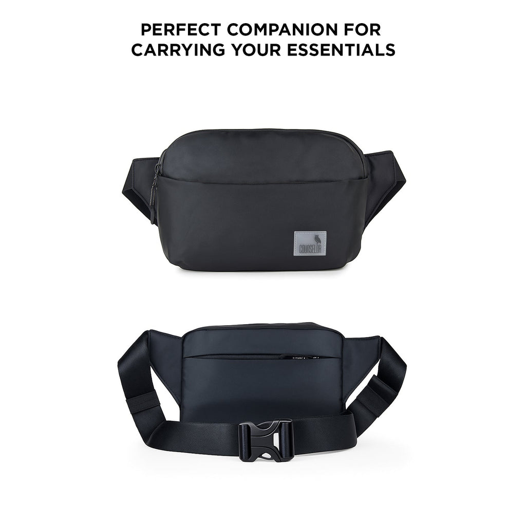 The Avelin black waistpack, stylish and compact, perfect for carrying essentials with comfort and versatility.