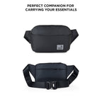 The Avelin black waistpack, stylish and compact, perfect for carrying essentials with comfort and versatility.