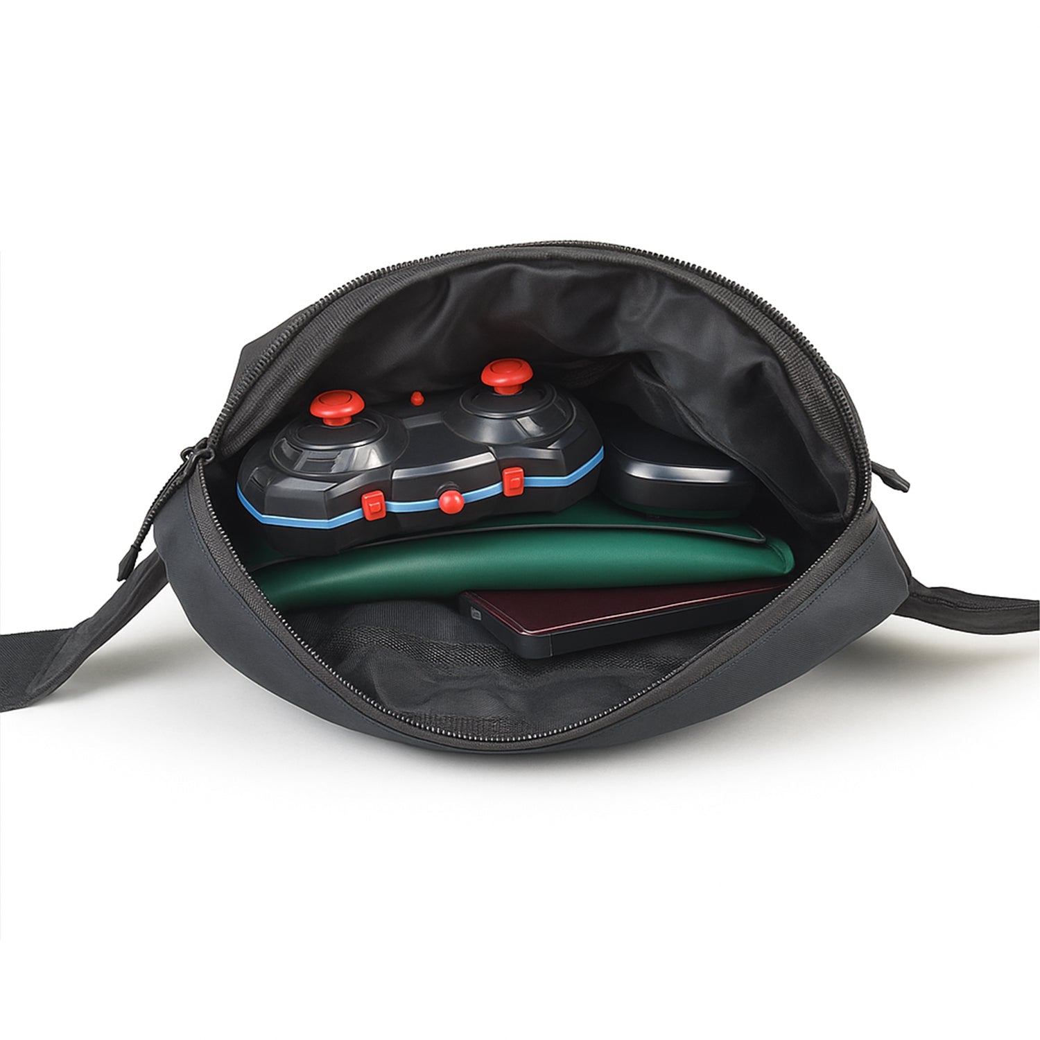 Open waistpack revealing a game controller, tablet, and smartphone inside, showcasing smart storage and compact design.
