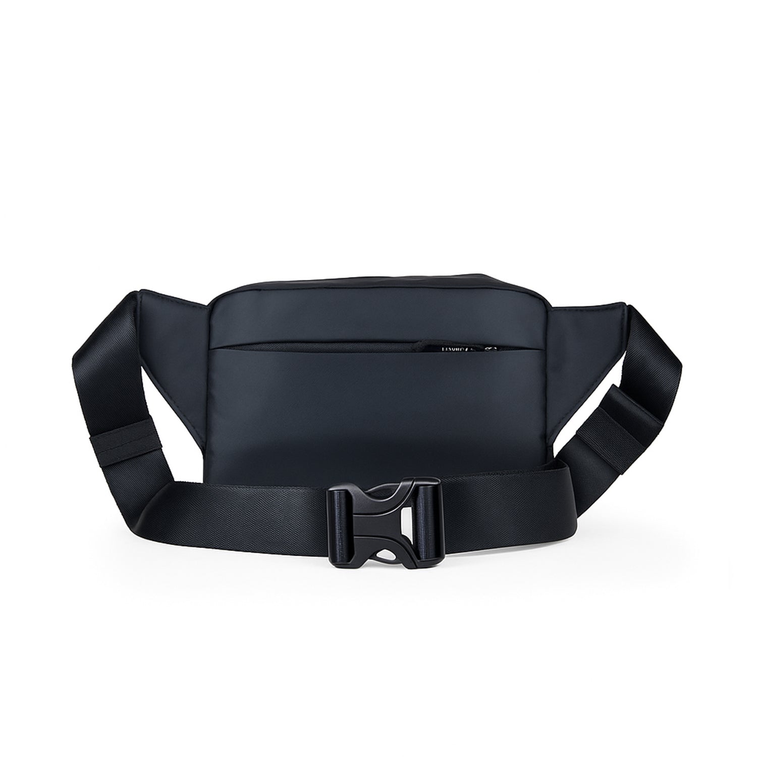 The Avelin black waistpack displaying a sleek design, adjustable strap, and front zipper pocket for smart storage.