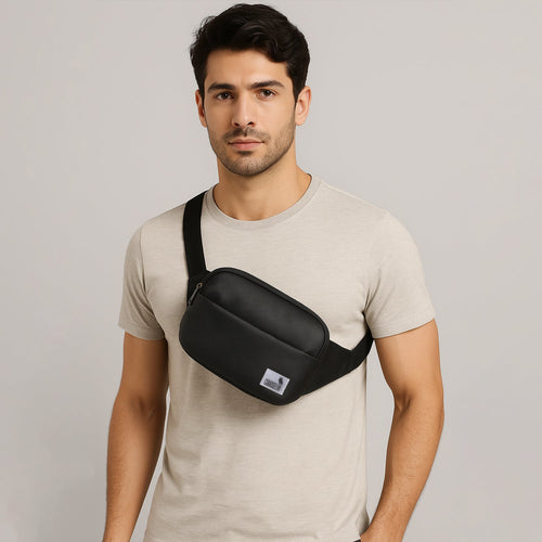Man wearing The Avelin black waistpack, showcasing its minimalist design and adjustable strap for comfort.