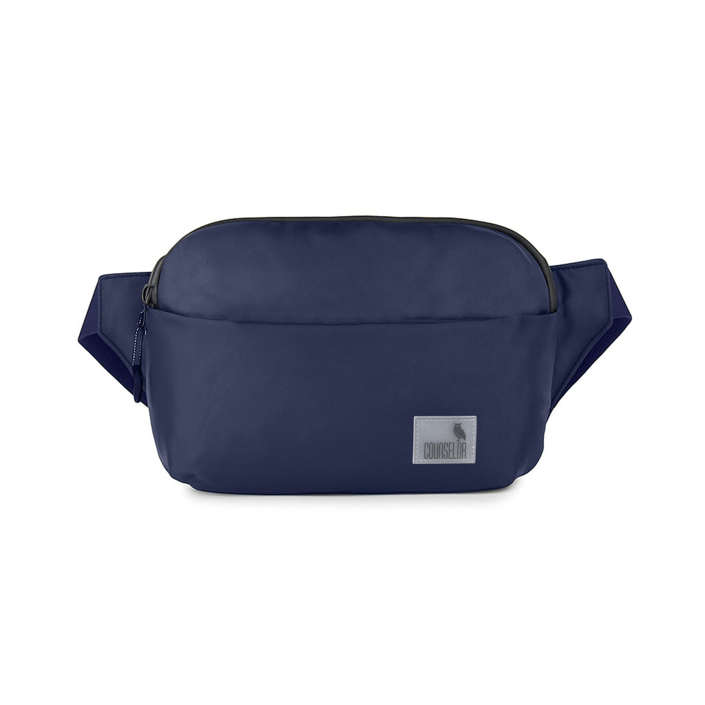 The Avelin waistpack in navy, featuring a minimalist design and adjustable strap for versatile wear.