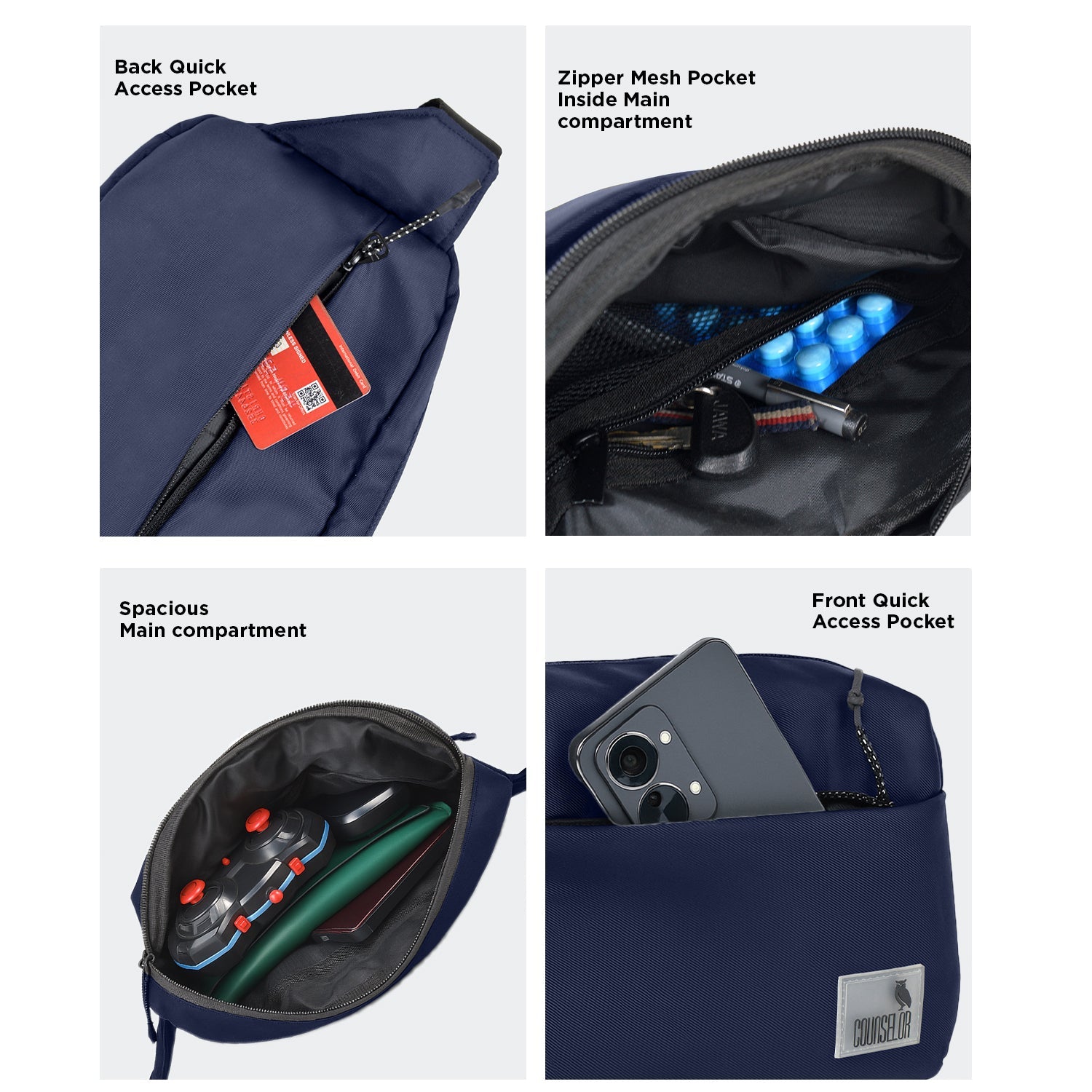 Interior features of The Avelin waistpack, including pockets for easy access and spacious main compartment.