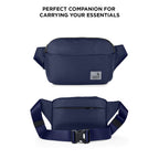 The Avelin waistpack in navy blue, ideal for carrying essentials securely and stylishly.