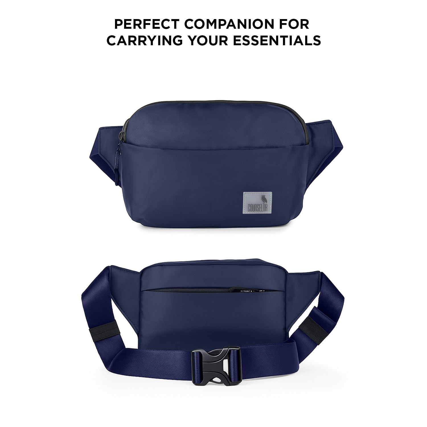 The Avelin waistpack in navy blue, ideal for carrying essentials securely and stylishly.