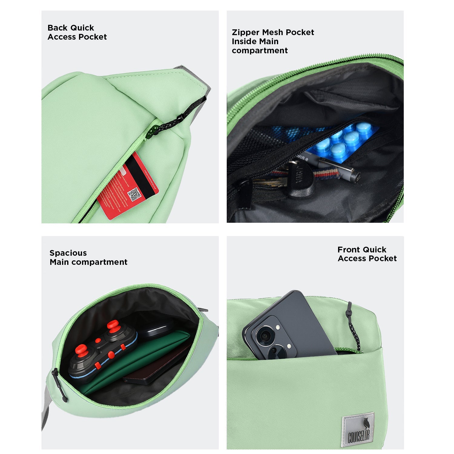 The Avelin waistpack in pista green showing its spacious compartments and quick access pockets for easy organization.