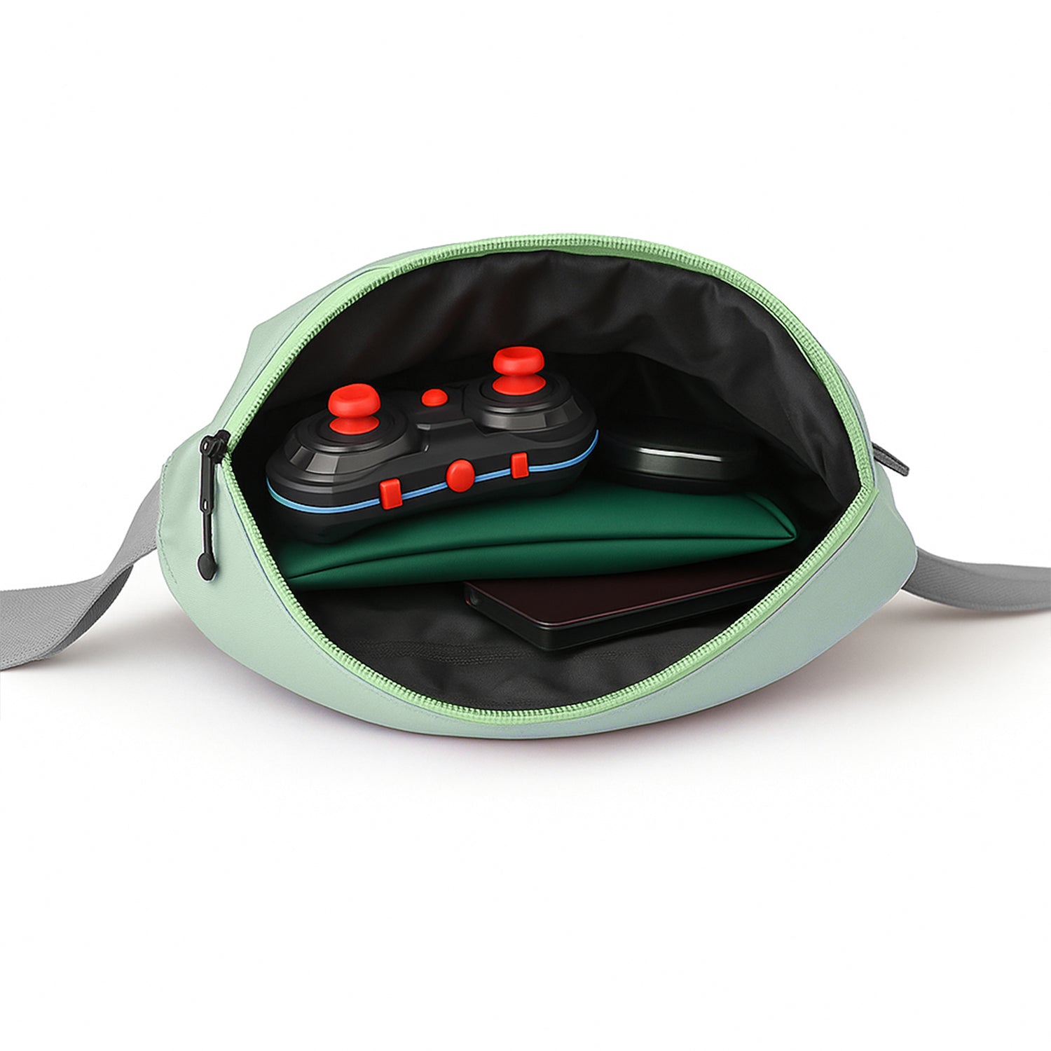 The Avelin waistpack in pista green, open to show game controller, tablet, and phone inside.