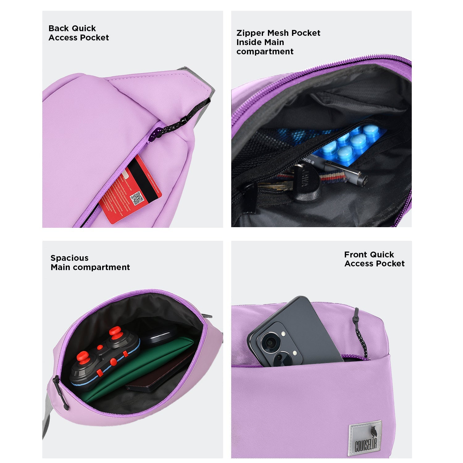 Interior view of The Avelin waistpack featuring quick access pockets and spacious main compartment for organized storage.