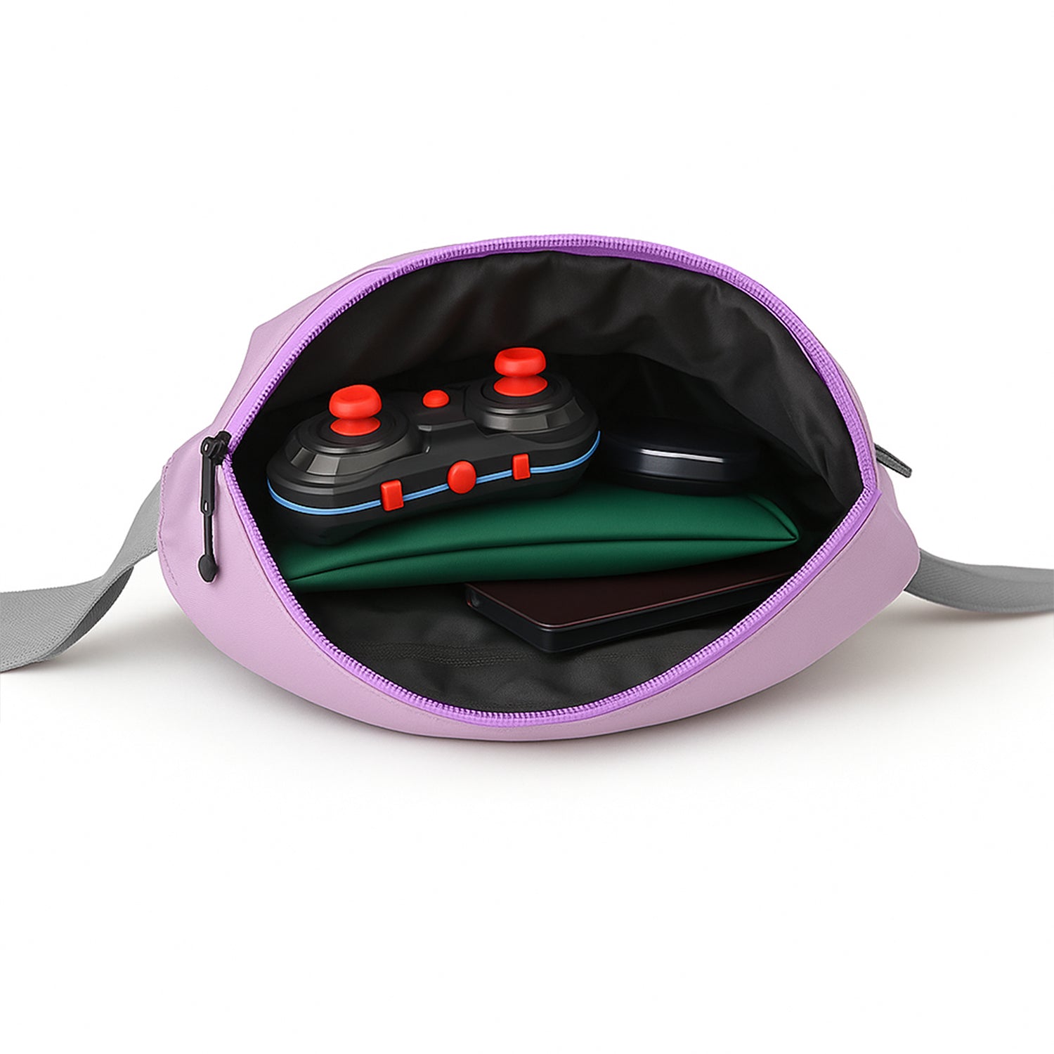 Interior view of The Avelin pink waistpack showing organized essentials like a game controller, tablet, and phone.
