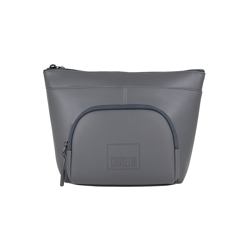 The Eiko grey pouch featuring a minimalist design, perfect for travel and daily organization.