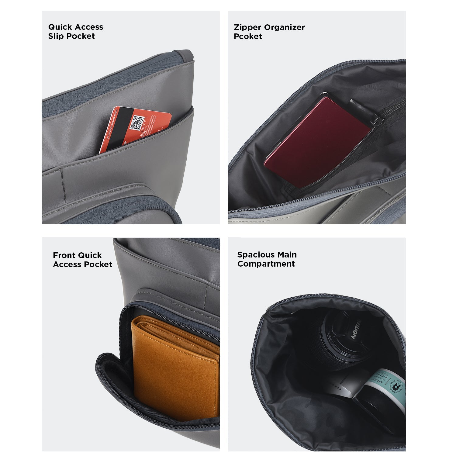 Eiko grey pouch showcasing quick access slip pocket, zipper organizer, and spacious main compartment for optimal storage.
