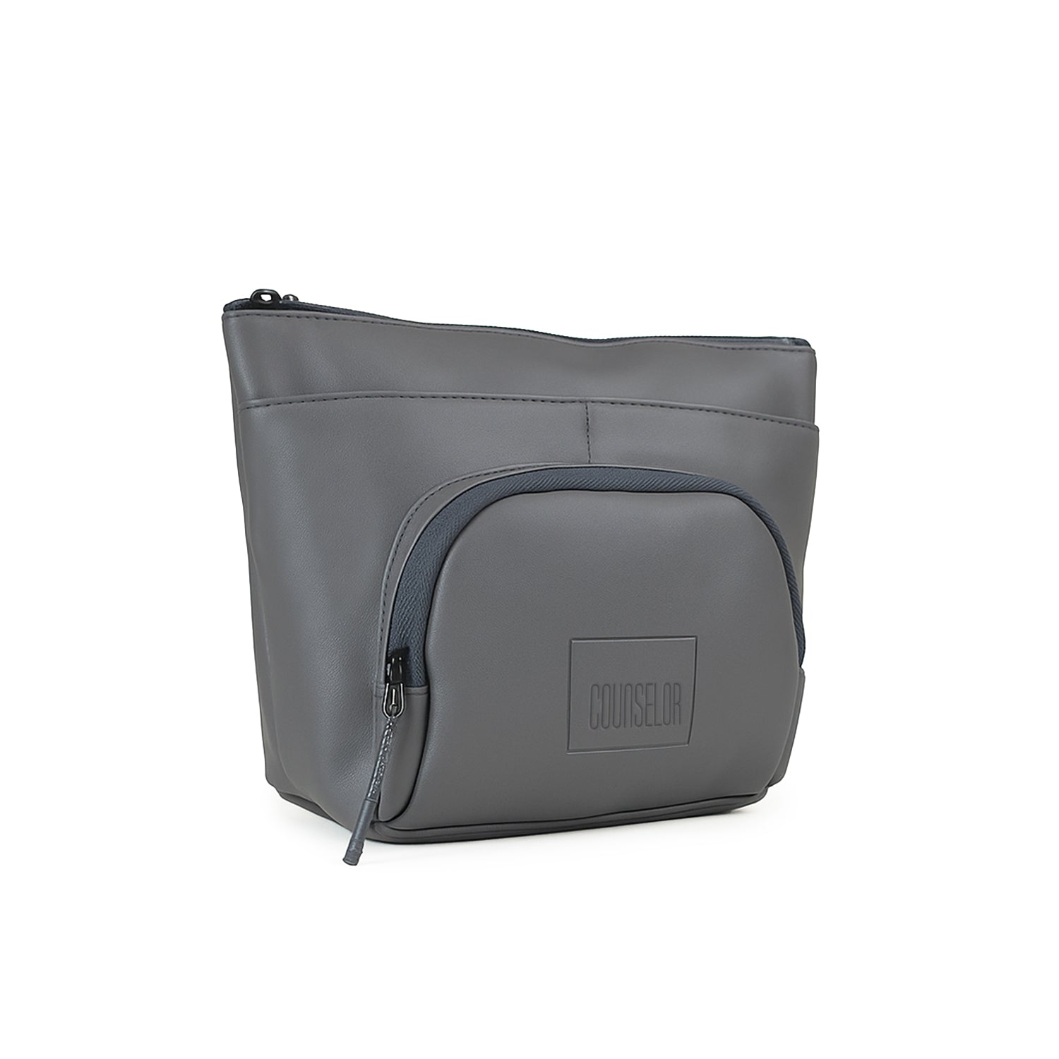 The Eiko grey pouch featuring a minimalist design, compact storage, and smooth zipper for on-the-go organization.