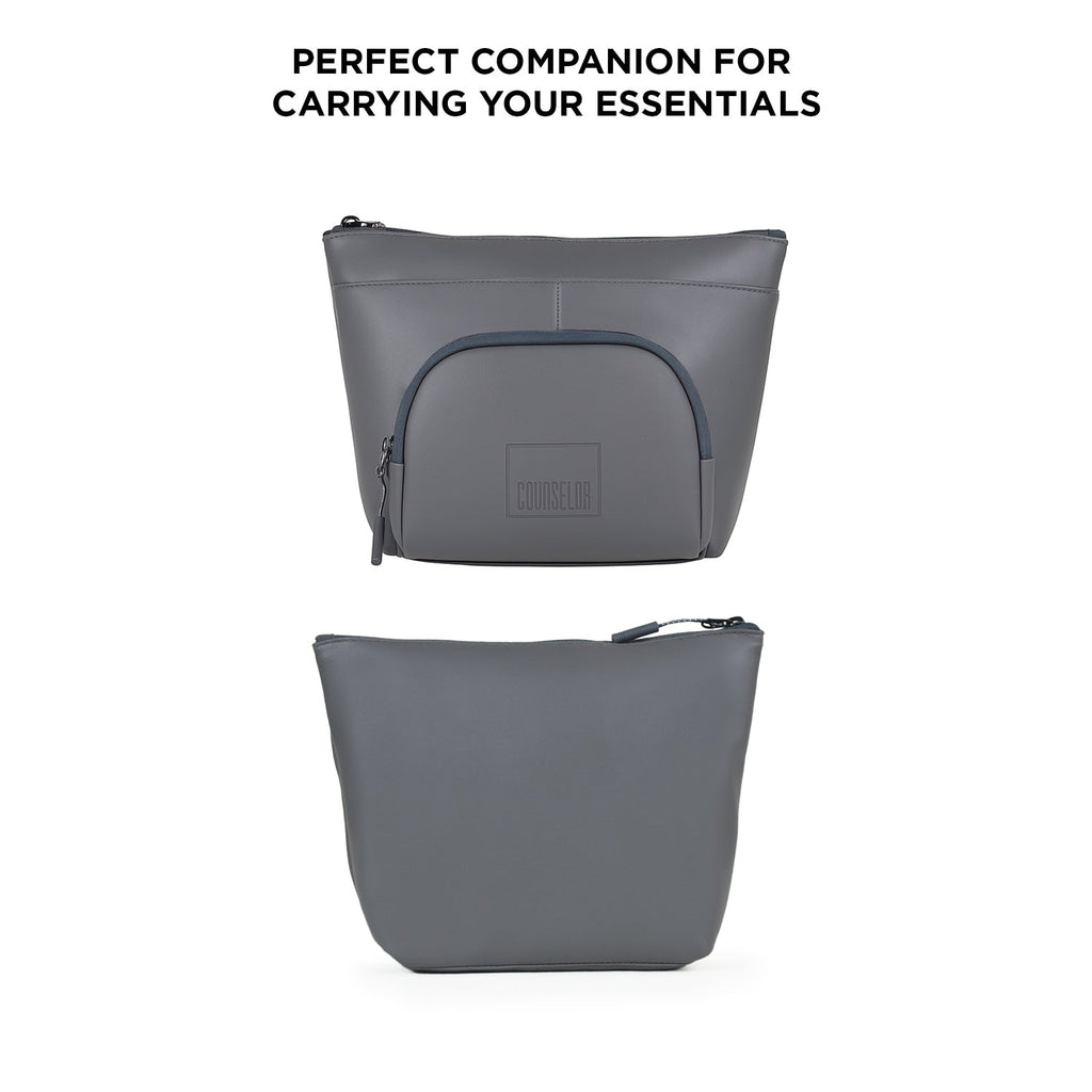 The Eiko grey pouch, a minimalist bag for carrying daily essentials with sleek design and multiple storage options.