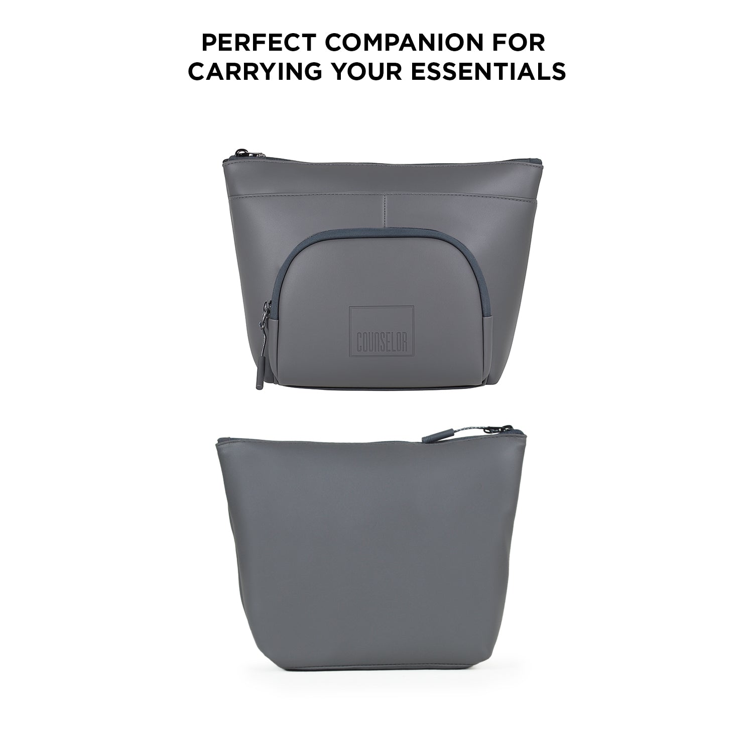 The Eiko grey pouch, a minimalist bag for carrying daily essentials with sleek design and multiple storage options.