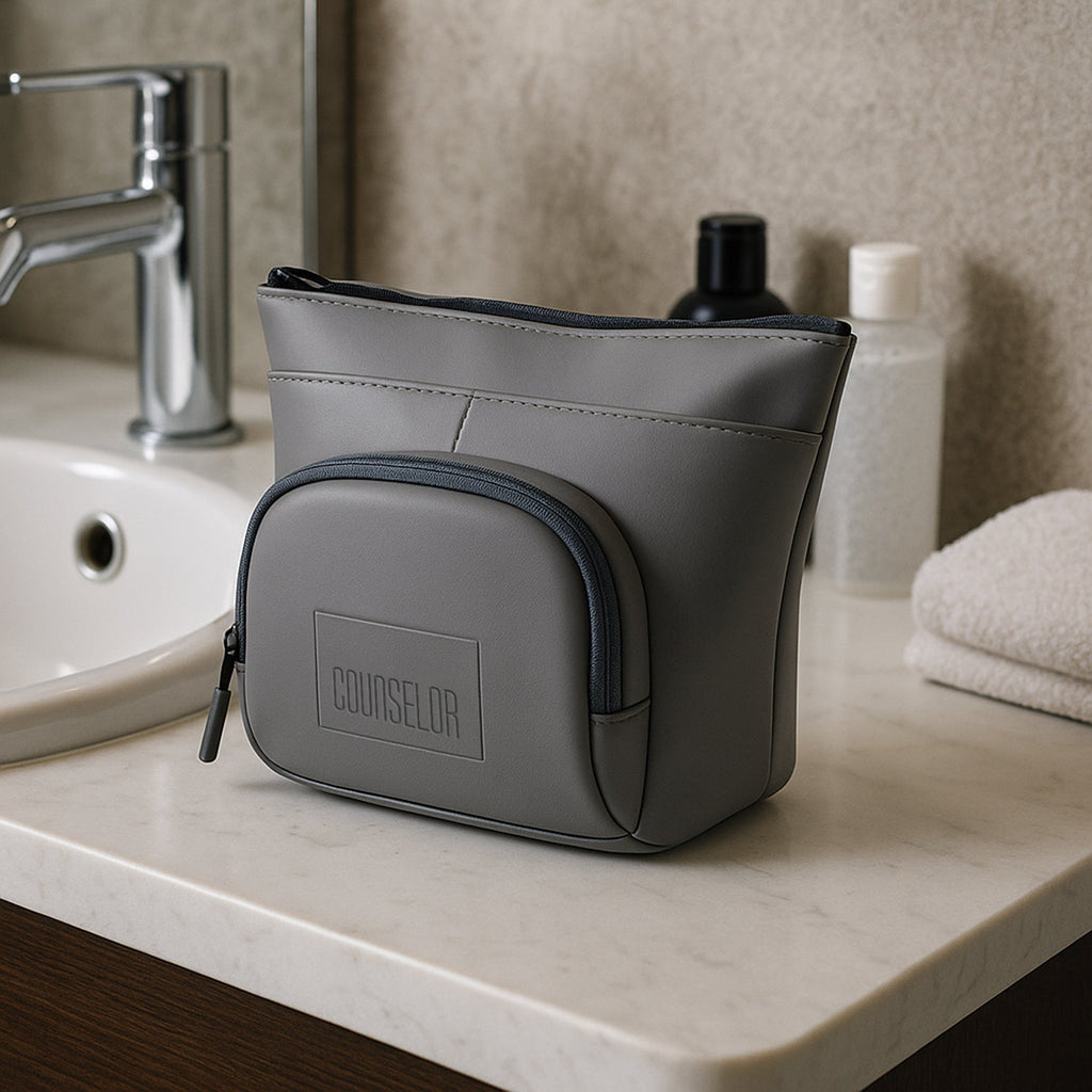 The Eiko grey pouch displayed on a bathroom counter, showcasing minimalist design and compact storage for essentials.