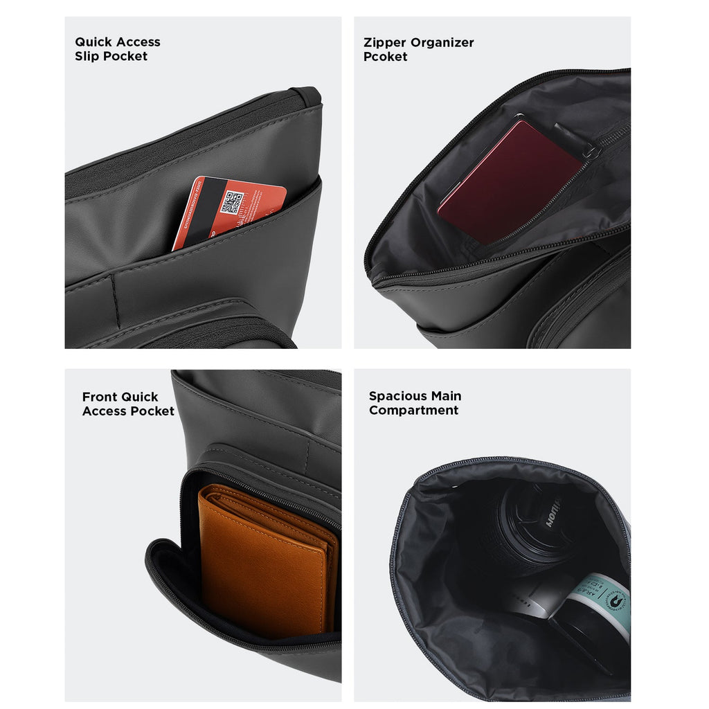 Interior pockets of The Eiko pouch displaying quick access slip pocket, zipper organizer, and spacious main compartment.