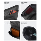 Interior pockets of The Eiko pouch displaying quick access slip pocket, zipper organizer, and spacious main compartment.