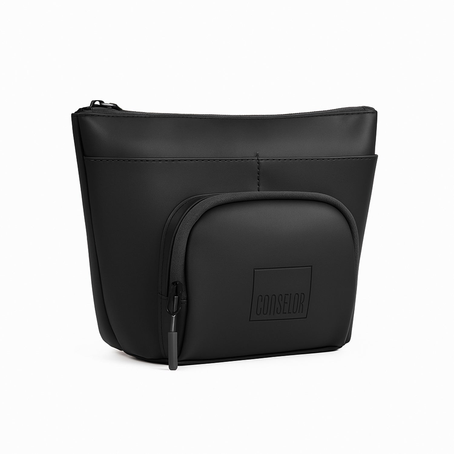 The Eiko pouch in black, featuring minimalist design and compact storage for essentials.