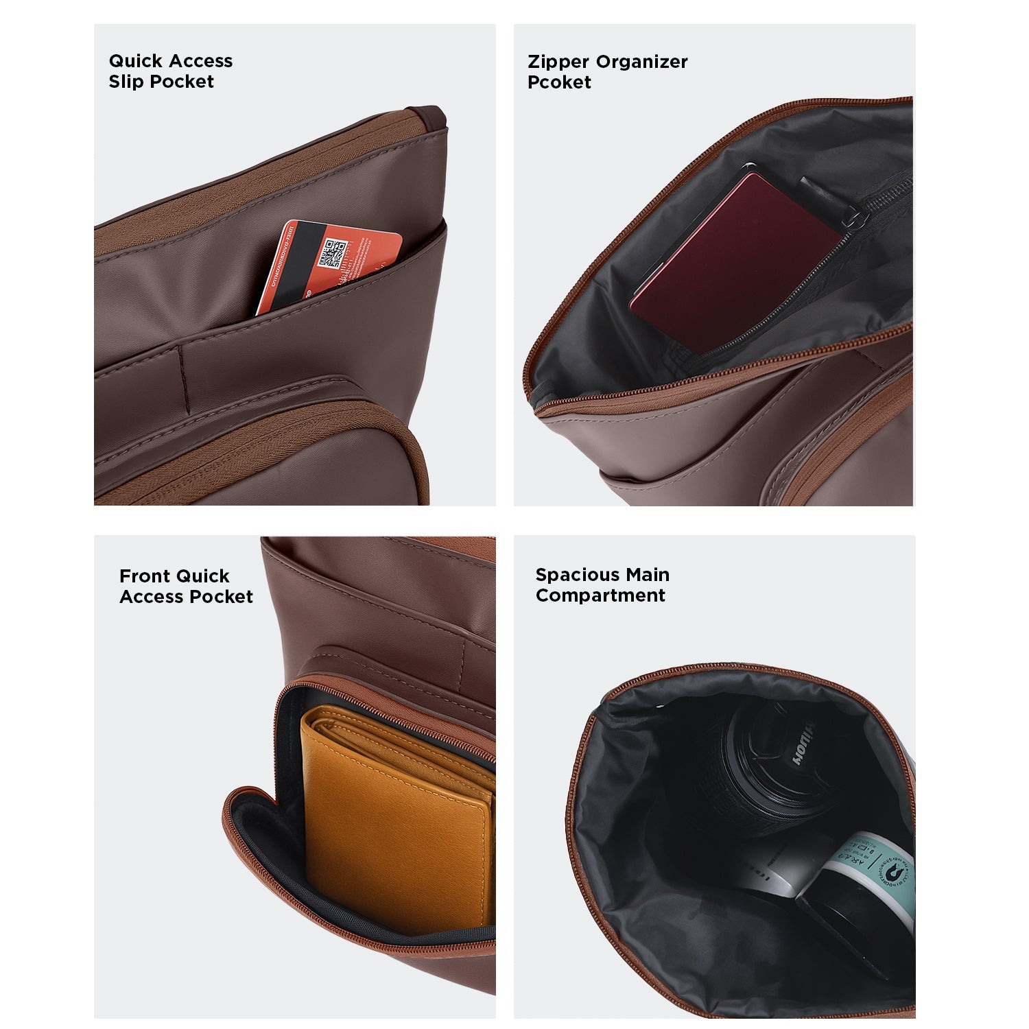 Detailed view of The Eiko pouch pockets: quick access slip, zipper organizer, and spacious main compartment.