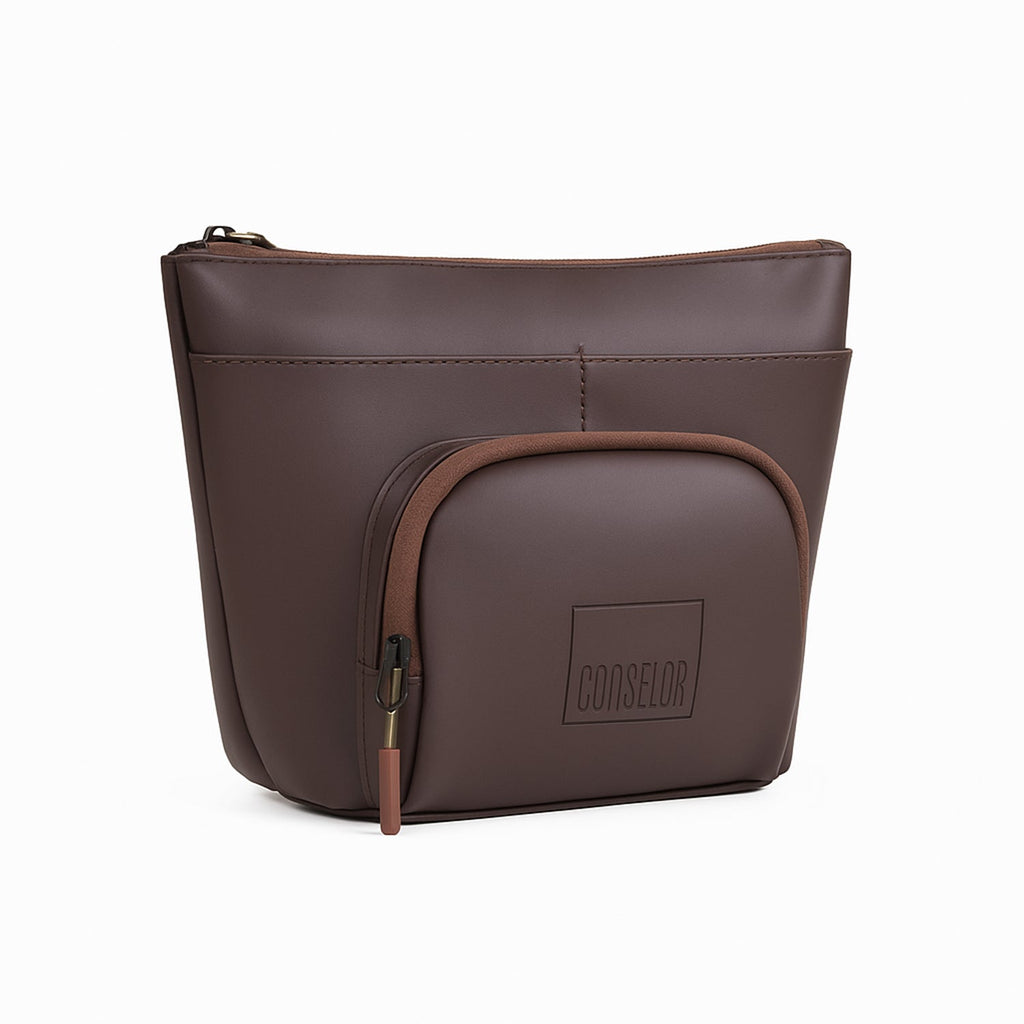 Brown Eiko pouch featuring minimalist design, compact storage, and ultra-light travel readiness.