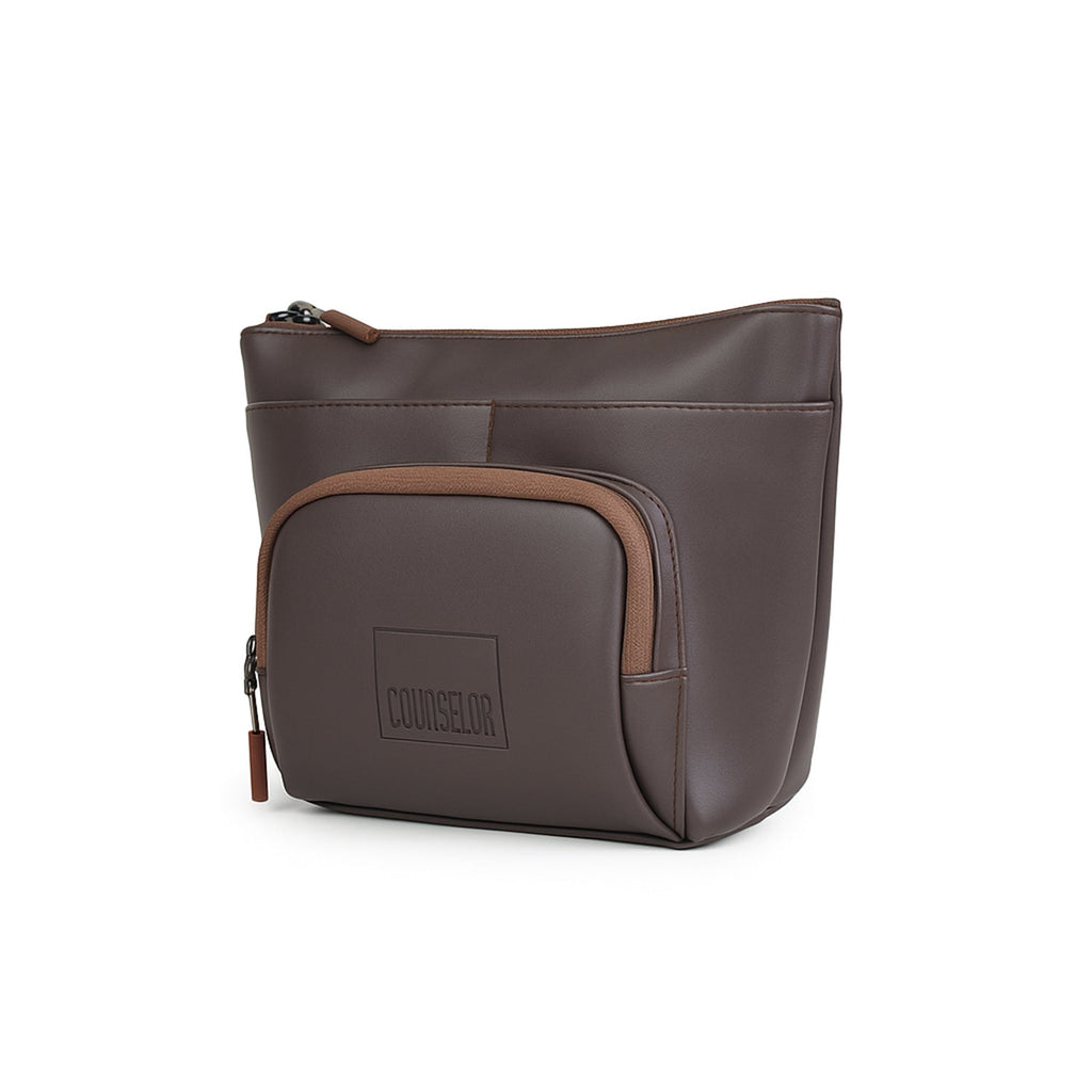 The Eiko pouch in brown, featuring a minimalist design with compact storage and durable materials, perfect for on-the-go lifestyles.