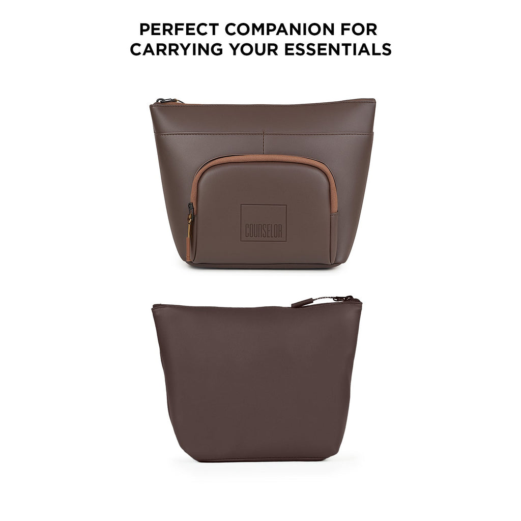 The Eiko brown pouch showcasing minimalist design, perfect for organizing essentials with chic style.