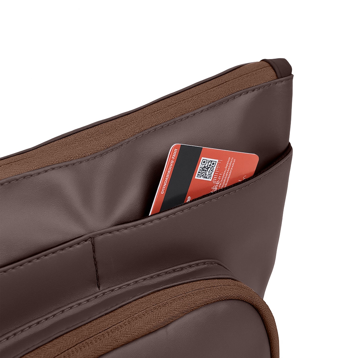 Close-up of The Eiko brown pouch showing internal slip pocket with a card, featuring compact and stylish storage.
