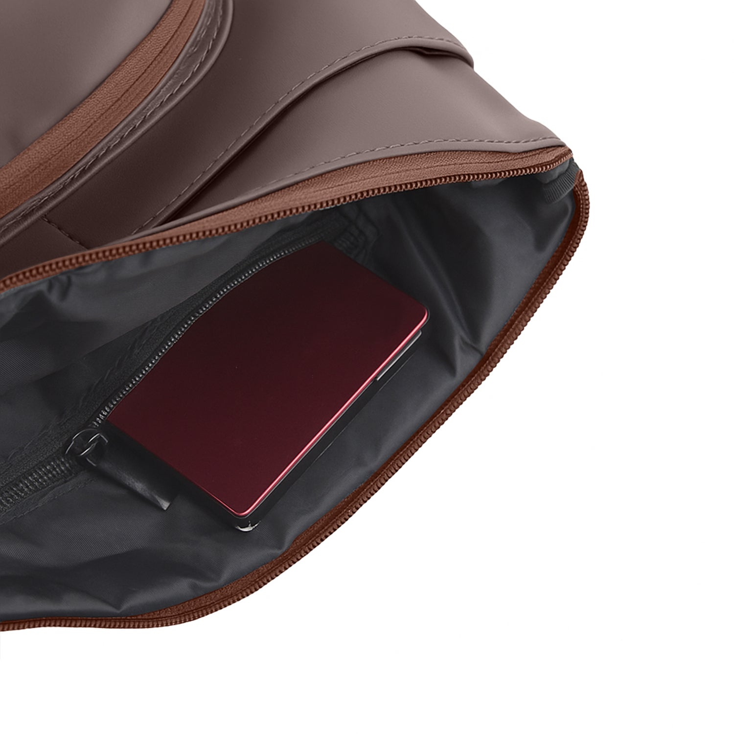 Close-up view of Eiko brown pouch interior showing organized storage for essentials like phone and wallet.